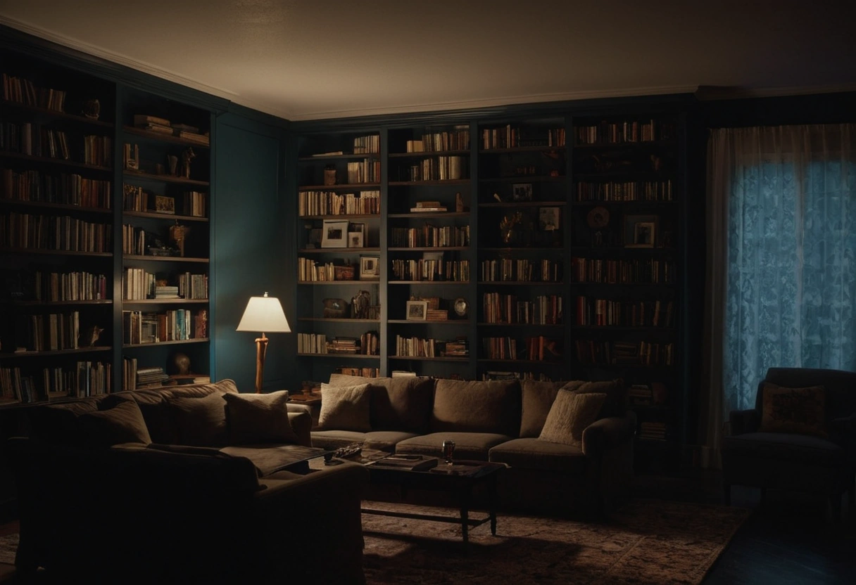 A living room at night lit by one central ceiling fixture, with bright light in the middle and dark shadowed corners.