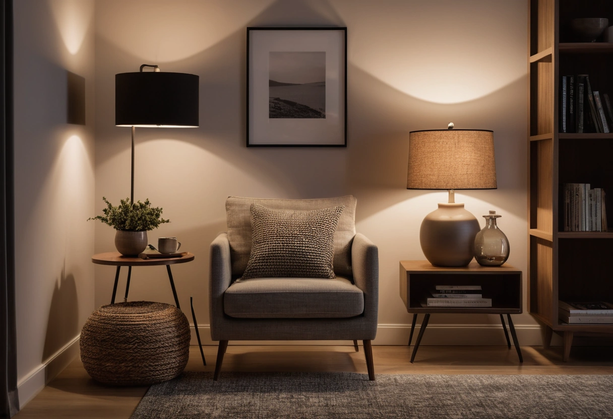 A reading corner with soft ceiling light, a lit table lamp beside an armchair, and a small spotlight on a shelf vase.