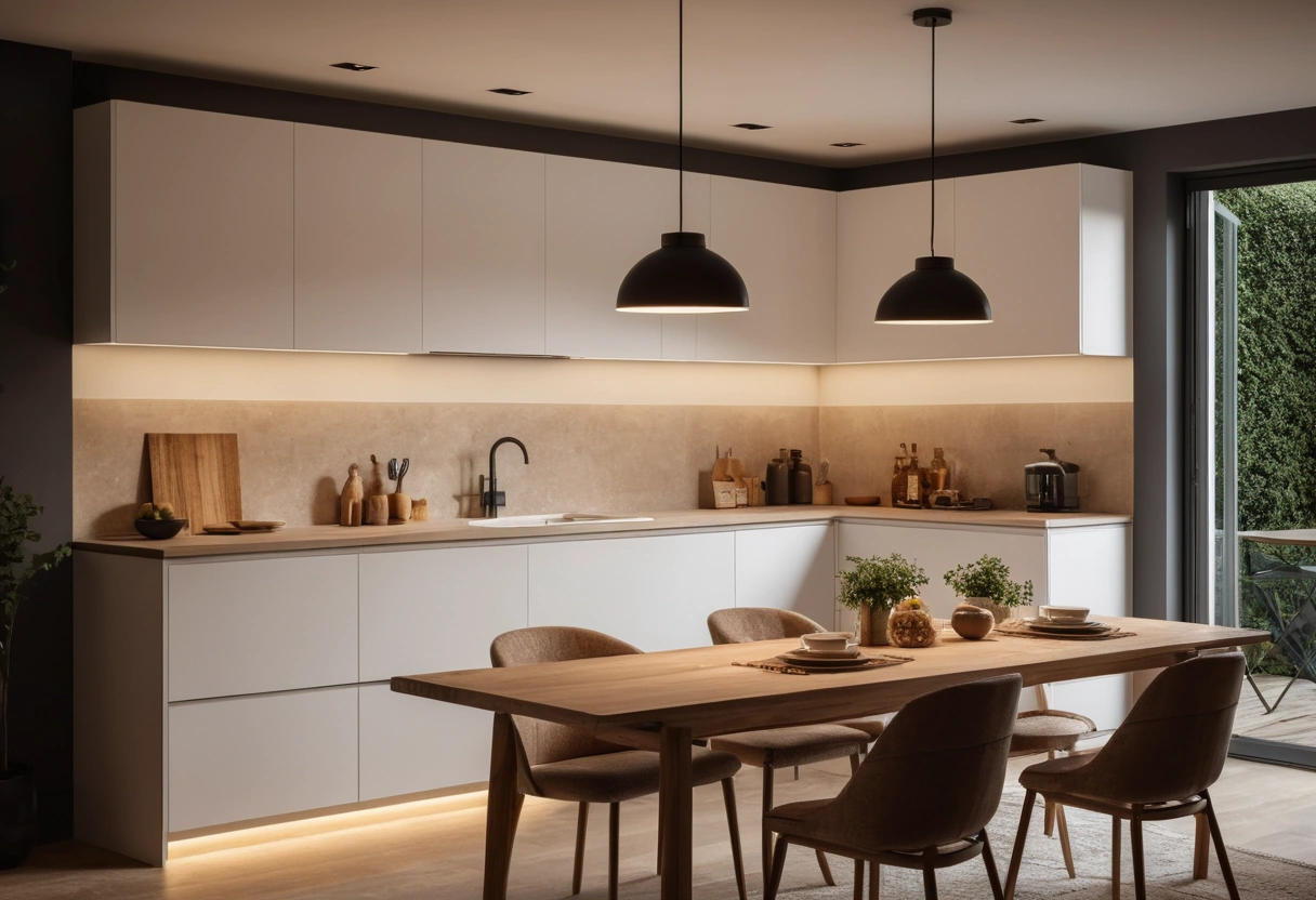 An evening kitchen with recessed ceiling lights, under-cabinet lighting over the counters, and pendants above a small table.