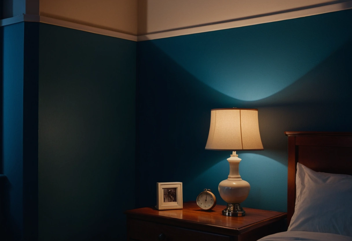 A twilight bedroom where a desk lamp and a bedside lamp glow while the ceiling fixture remains off.