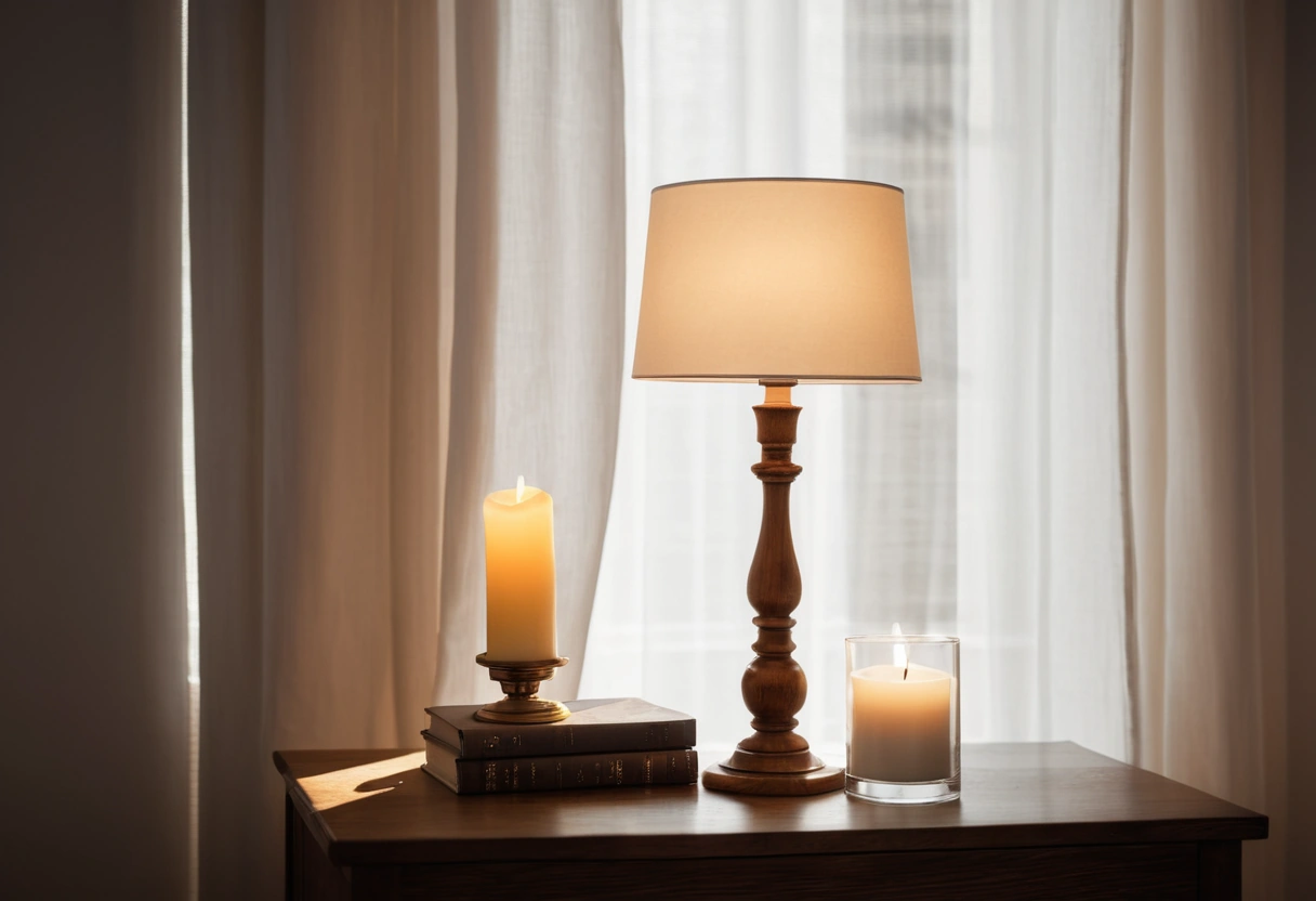 A lit candle and a warm filament lamp on a side table in front of a window filled with white daylight.