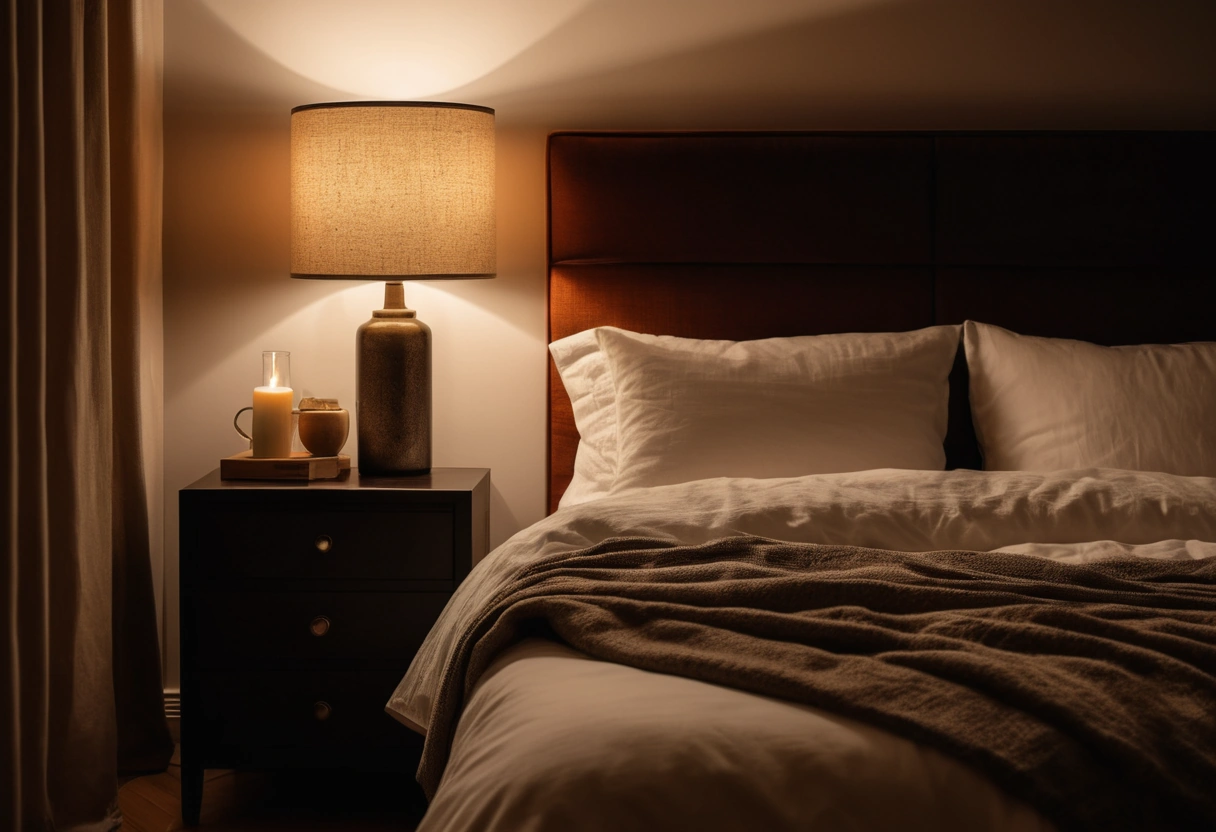 A bedroom in the evening lit in very warm lamplight from bedside fixtures, with linen bedding in soft shadow.