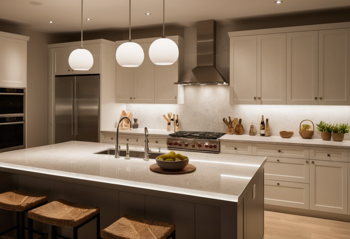 A kitchen where warm pendants glow over the island while whiter under-cabinet light brightens the counters.