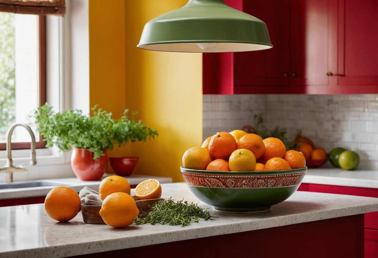 A close view of citrus fruit and fresh herbs on a counter under bright pendant light, with colors looking rich and true.