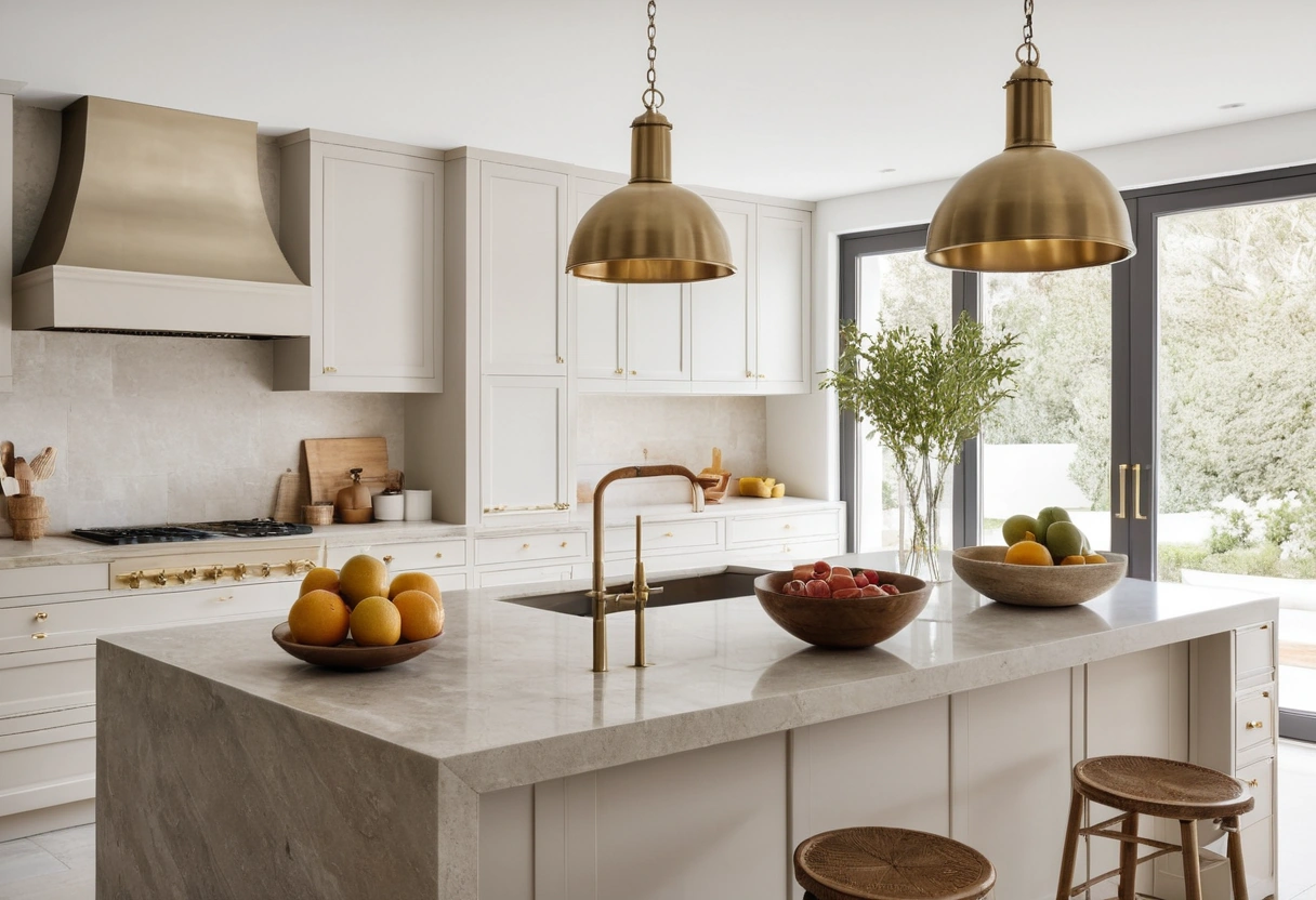 A side view of brass dome pendants hanging over a kitchen island with open space between the shades and the counter.