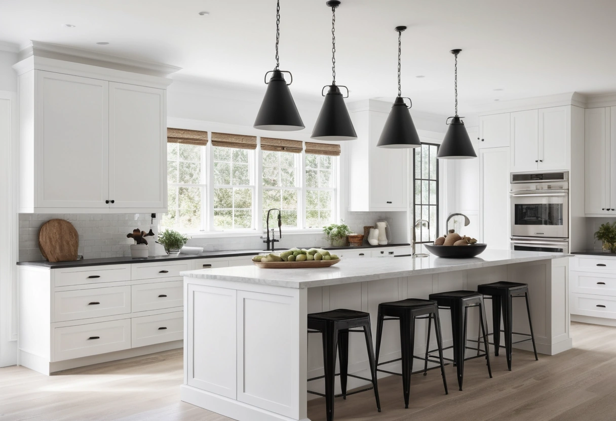 A long kitchen island with a row of matching black cone pendants spaced evenly along it.