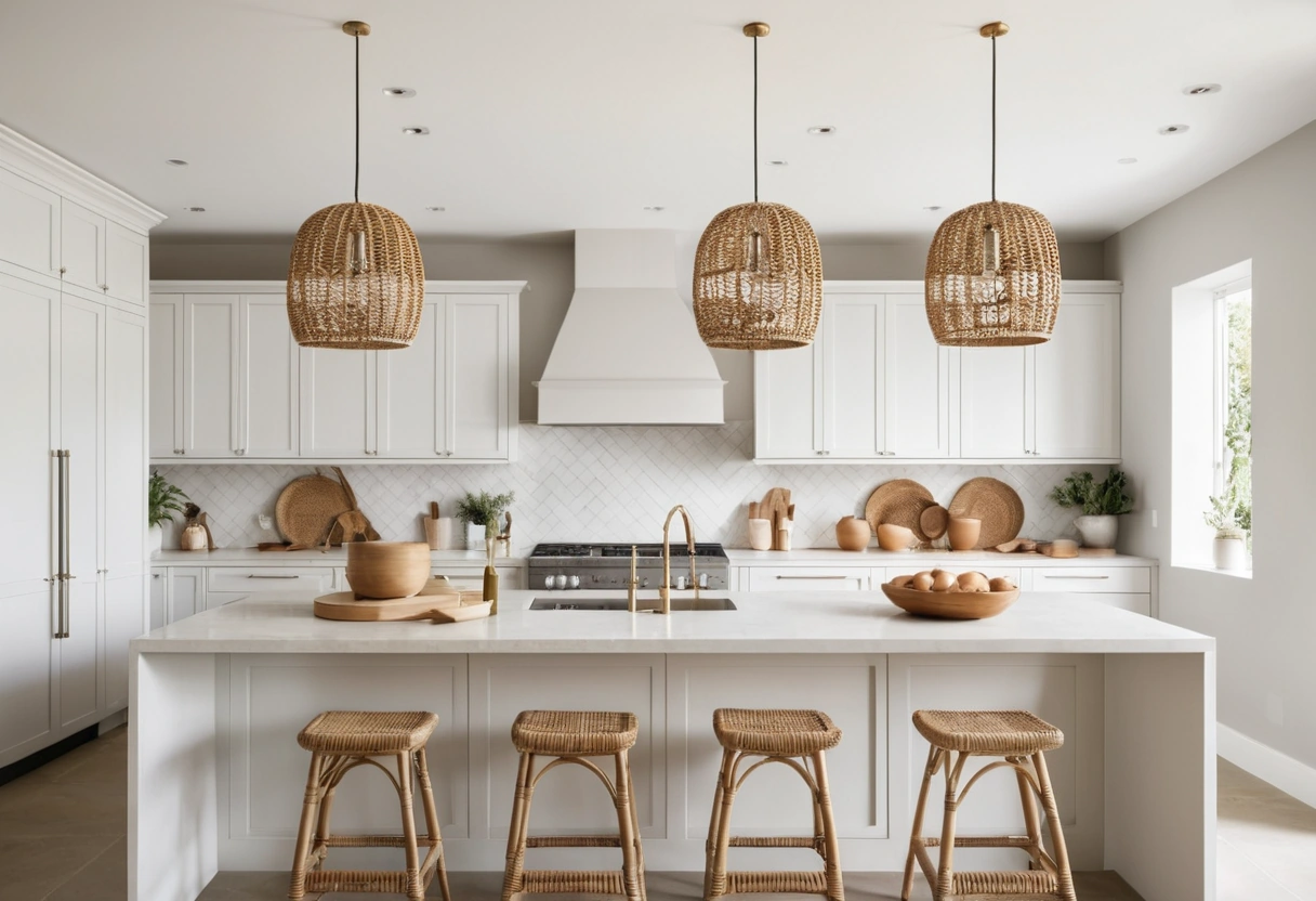A symmetrical view of two rattan pendants hanging over a kitchen island with even gaps between them.