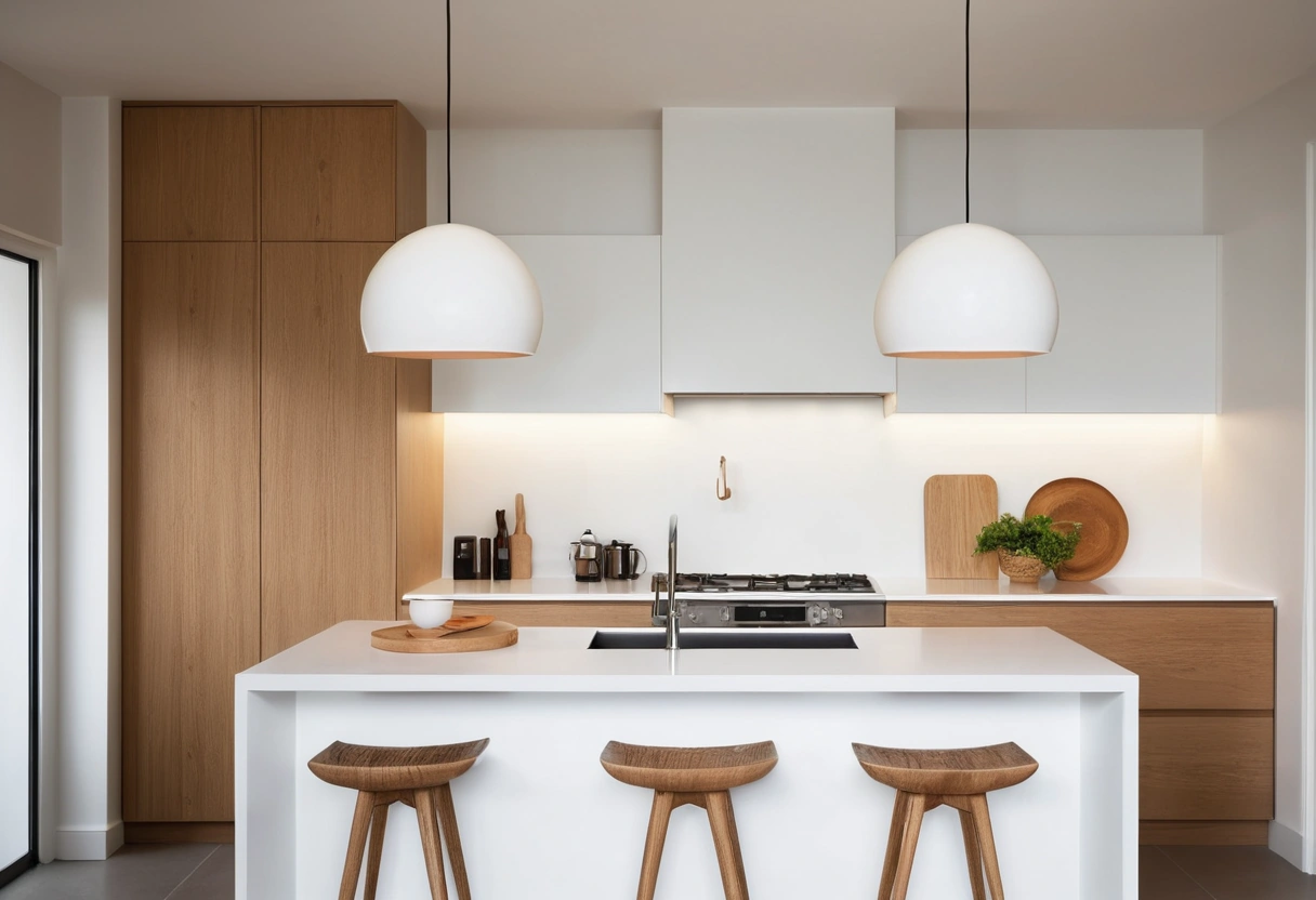 A single wide dome pendant hanging over a compact kitchen island in a kitchen with oak cabinets.