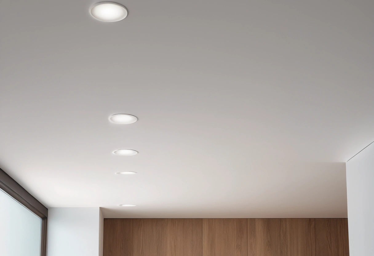 A hallway ceiling with a straight line of recessed downlights casting overlapping pools of light on a wood floor.
