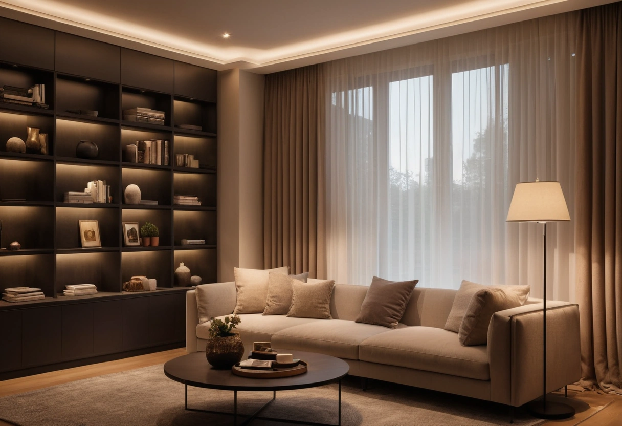 Recessed ceiling lights casting soft scallops of light down tall curtains and a built-in bookshelf.