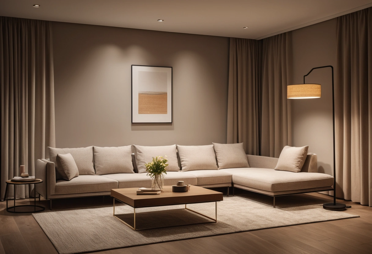 A den lit by a few recessed downlights along with a floor lamp and a table lamp.