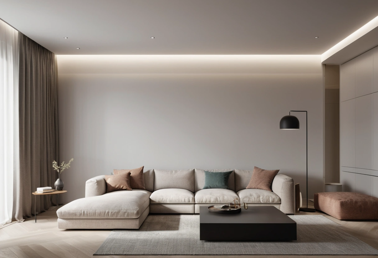 A minimalist living room with a few recessed downlights, a glowing cove along one wall, and a slim pendant.