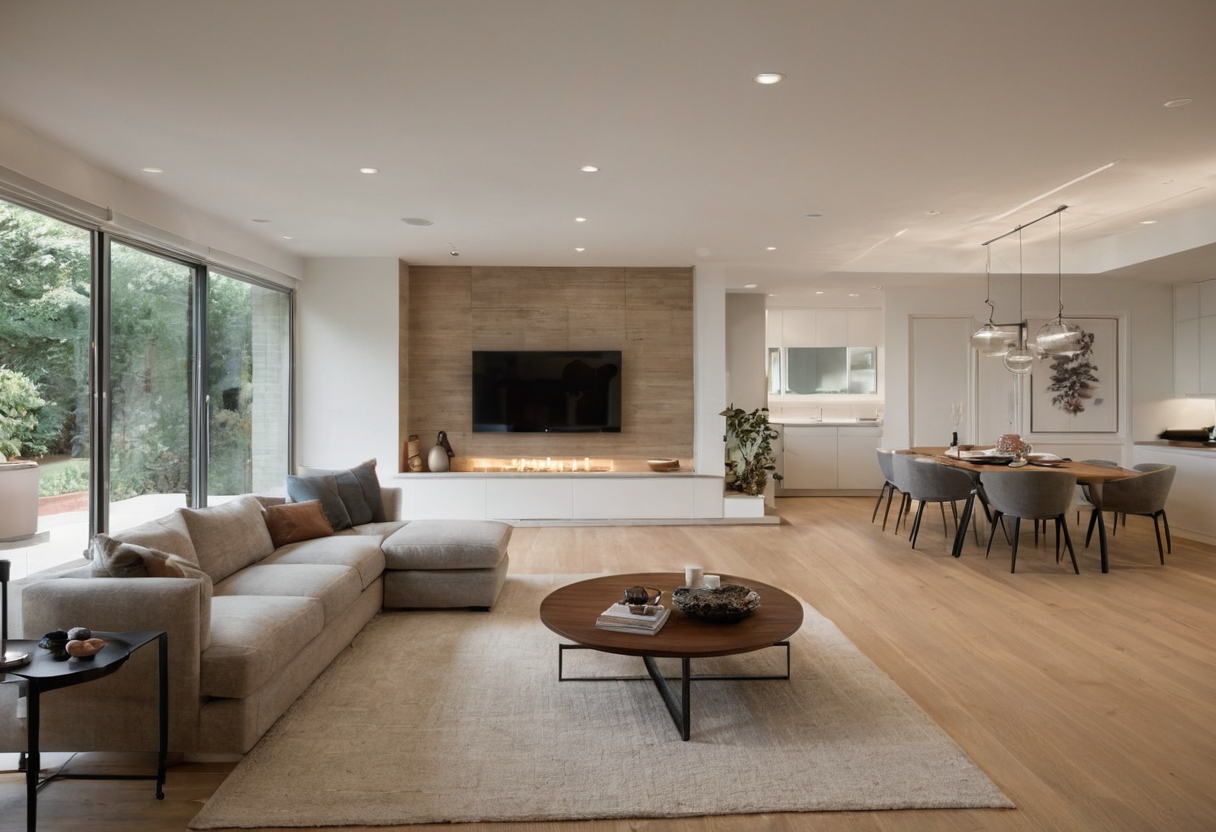 What sofa depth fits without moving the viewing position too close shown in a luxury residential interior
