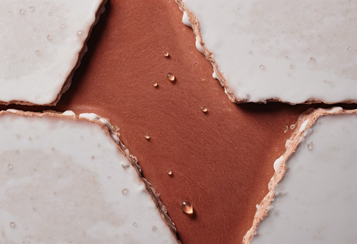 Two broken tile fragments reveal a dense pale body in one and a reddish clay body in the other, with water beading on the glaze.
