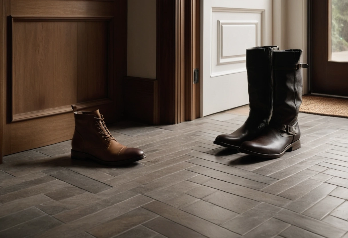 A herringbone tile floor in an entryway with a doormat and leather boots by the door.