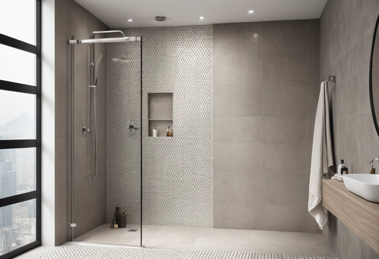 A walk-in shower pairs large porcelain wall panels with small hexagonal mosaic floor tiles behind glass.