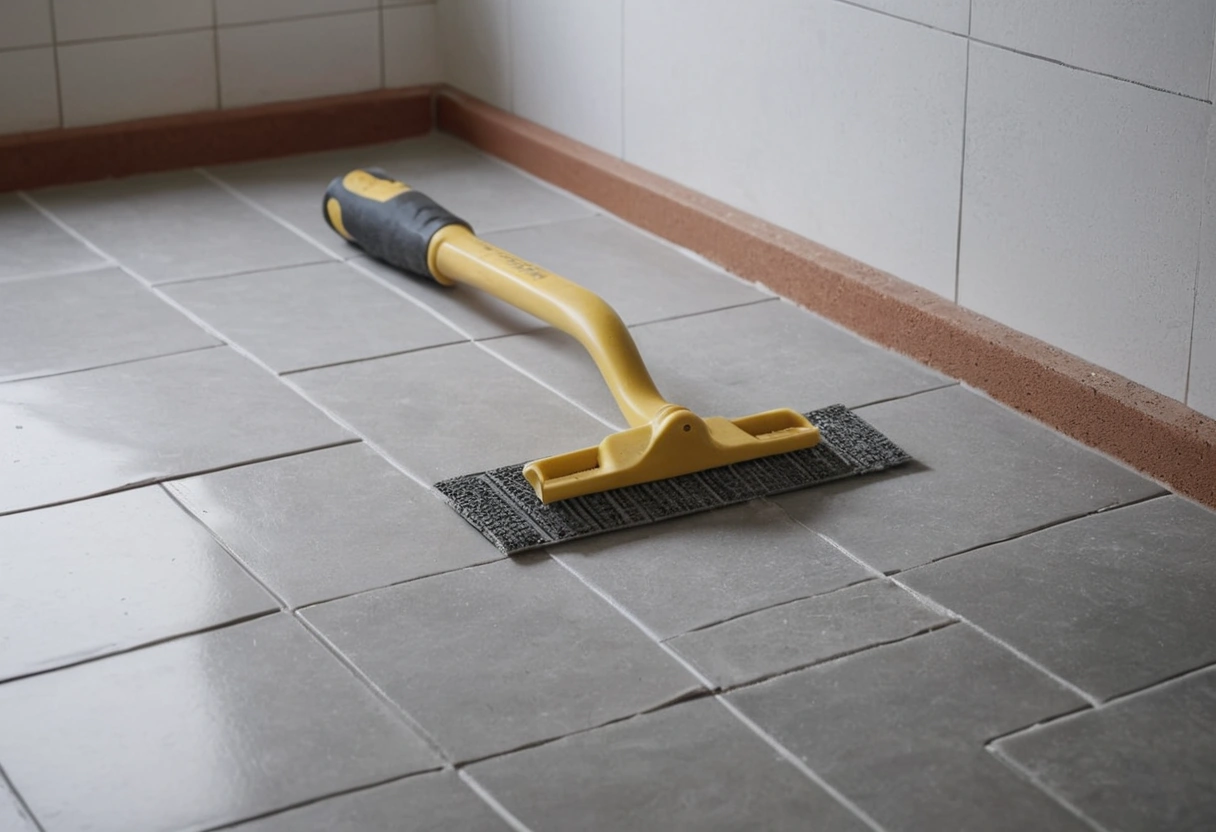 A notched trowel rests in ridged mortar beside spacers and partially laid porcelain tiles.