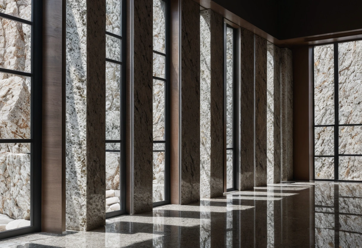 Full stone slabs in varied colors stand upright in rows at a slab yard.