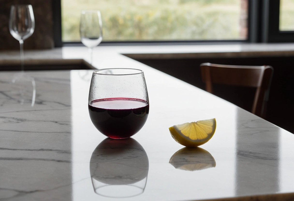 A faint ring mark sits on honed marble near a glass of wine and a halved lemon.