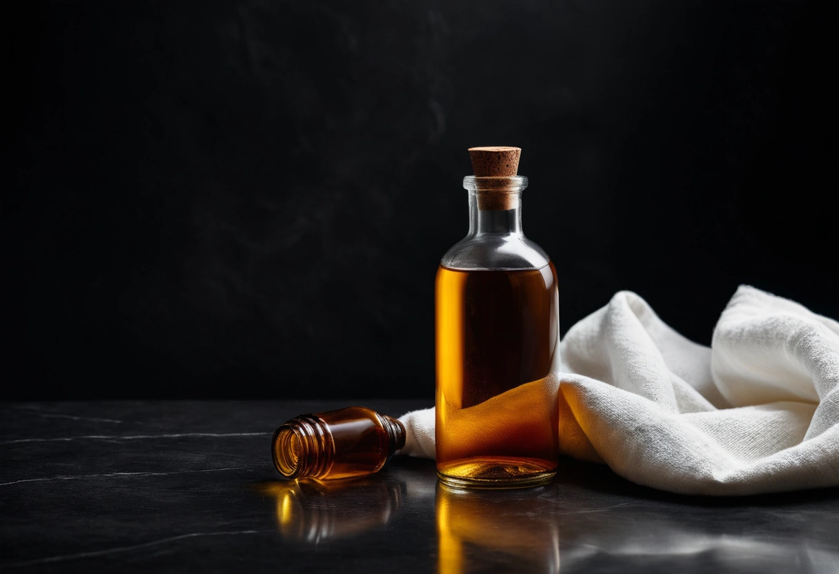 An amber bottle and folded cloth sit on a soapstone counter that is oiled on one half and matte on the other.