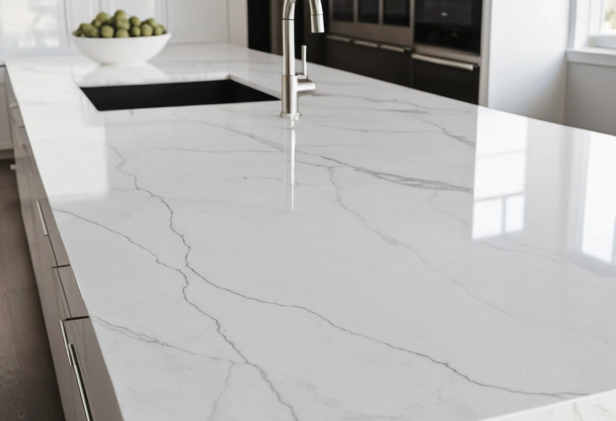 Veining flows over the mitered corner of a white quartz waterfall island edge.