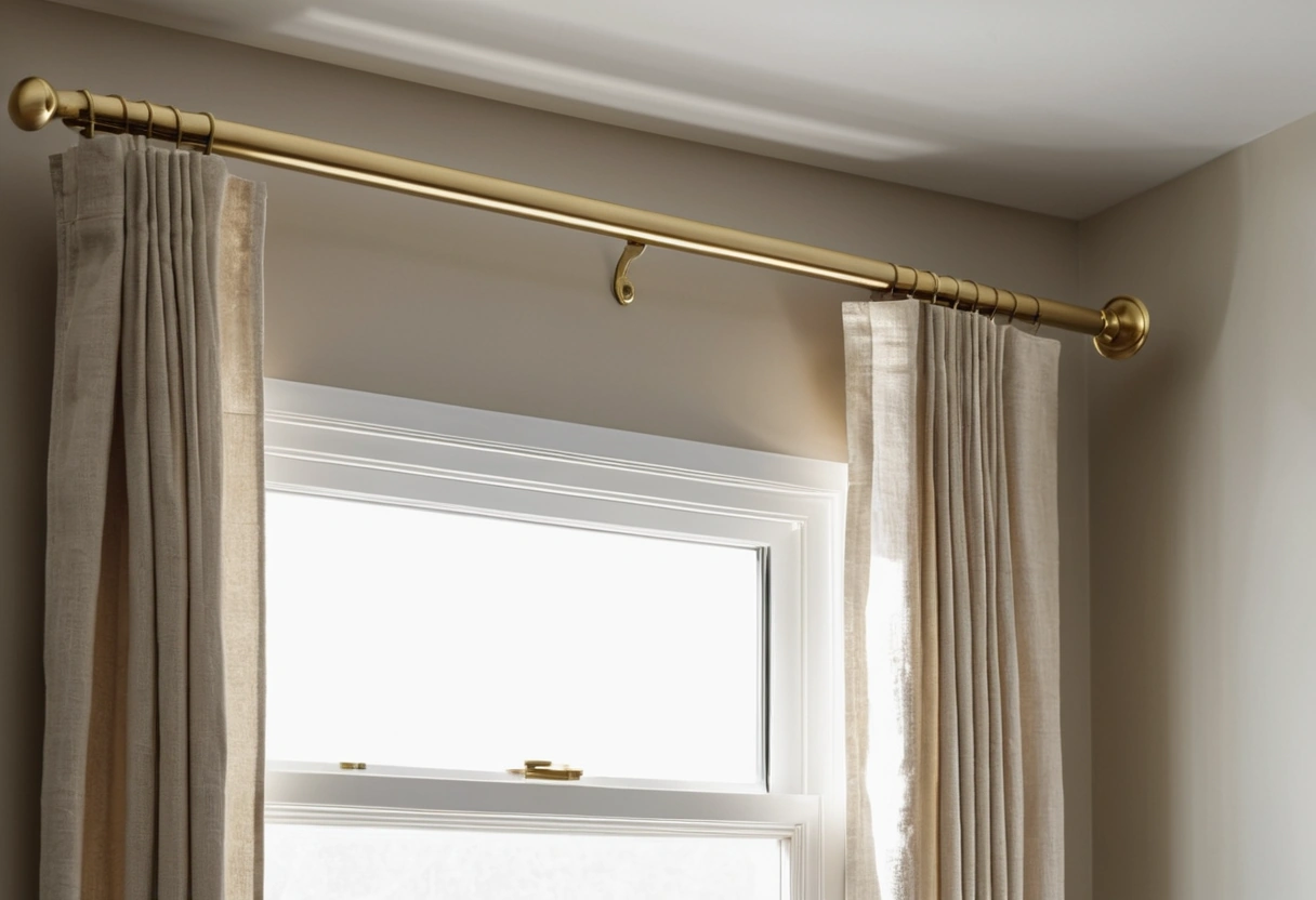 A brass rod mounted near the ceiling extends past the window frame, with linen panels stacked clear of the glass.