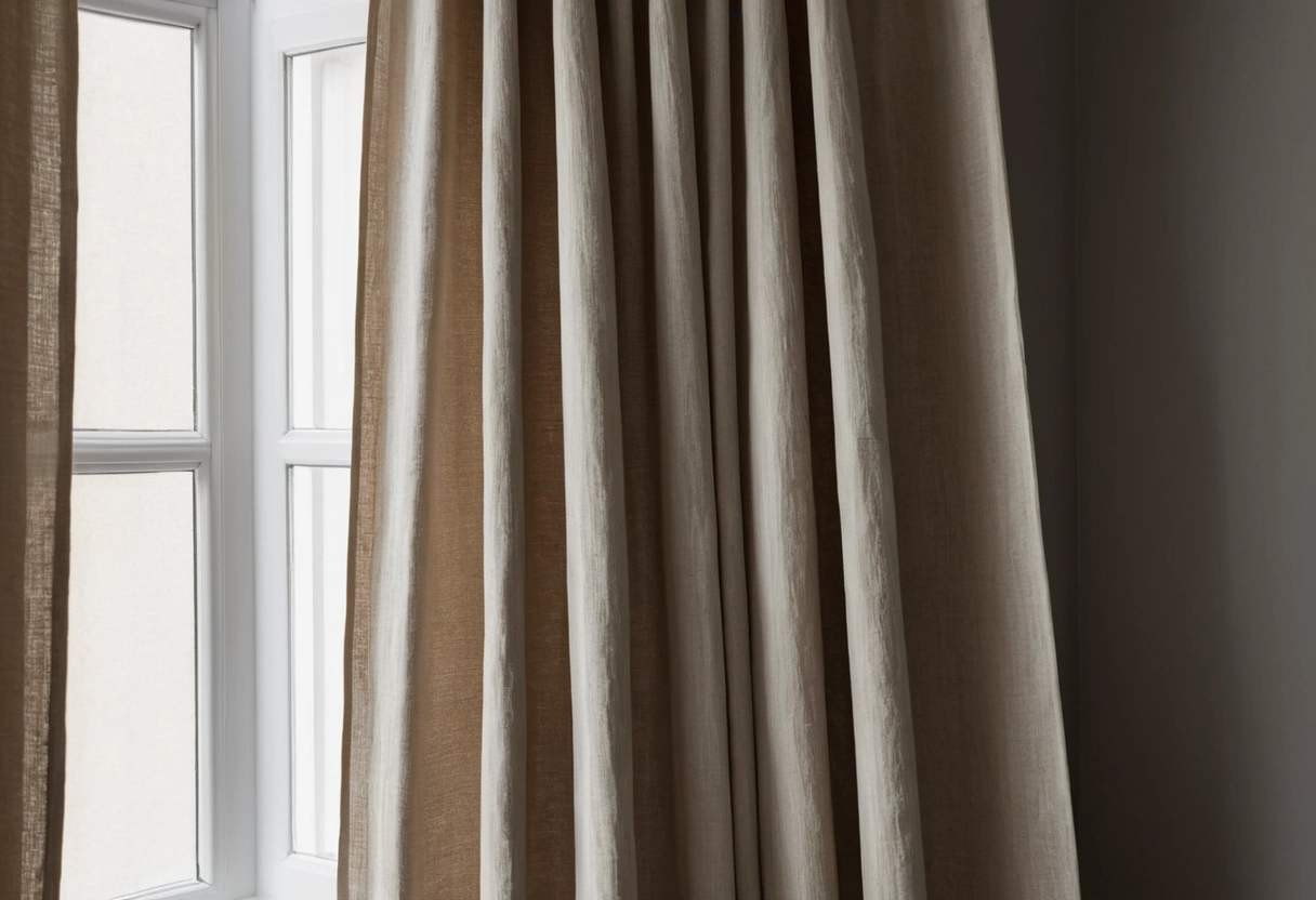 Drawn linen curtains ripple in deep, generous folds across a wide window.