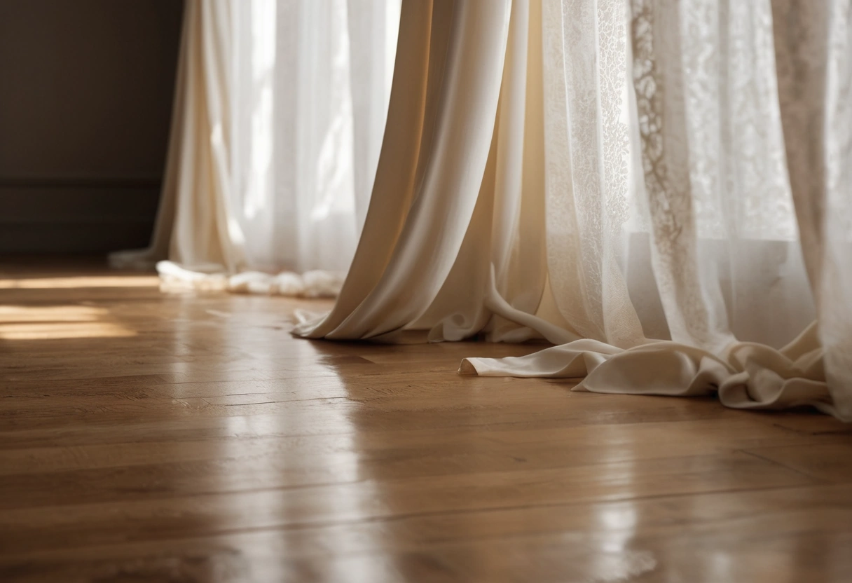 A heavy ivory curtain hem breaks and pools softly on an oak floor.