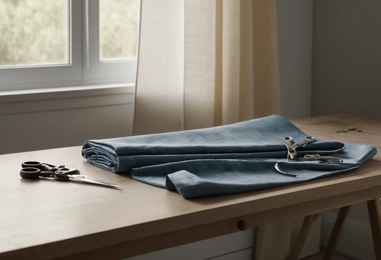 A folded curtain panel with a pinned hem lies on a table beside shears and spools of thread.