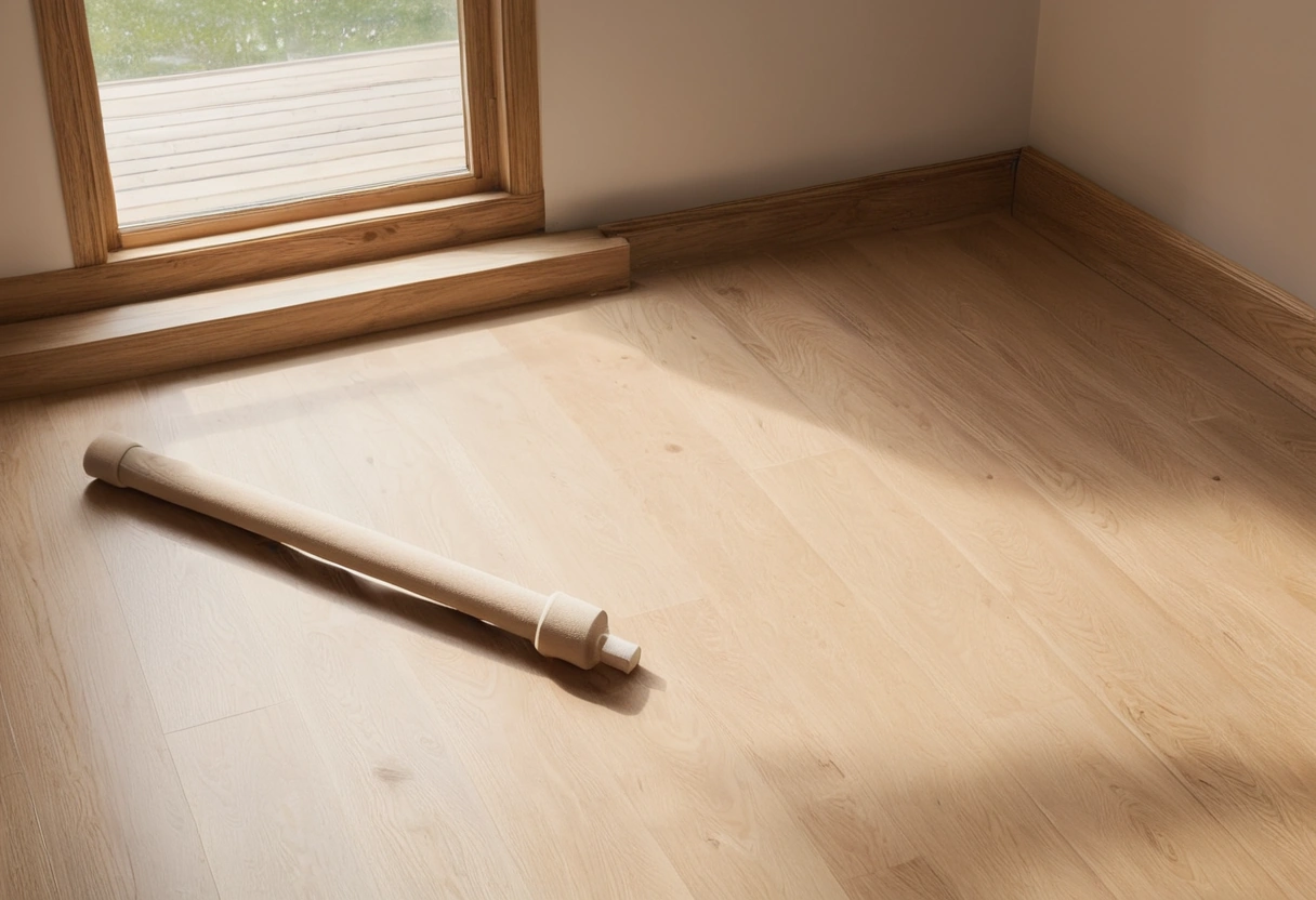 Stacked oak planks, rolled underlayment, and installation tools sit on a bare subfloor mid-project.