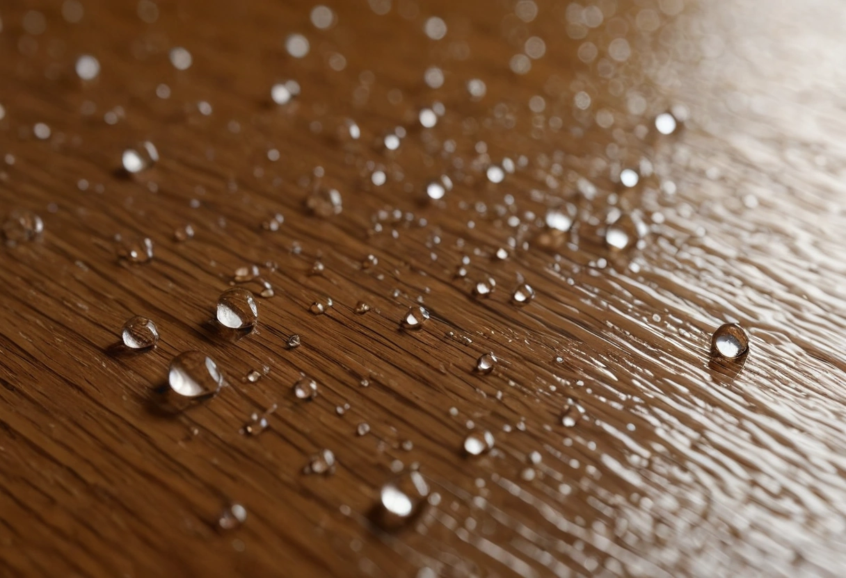 Water droplets bead on the embossed surface of a wood-look vinyl plank in close-up.