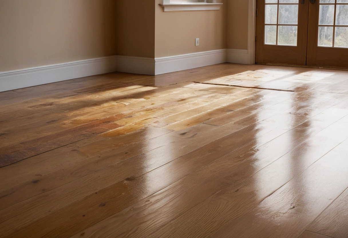 A hardwood floor is half raw sanded oak and half finished in amber polyurethane, with a sander in the background.