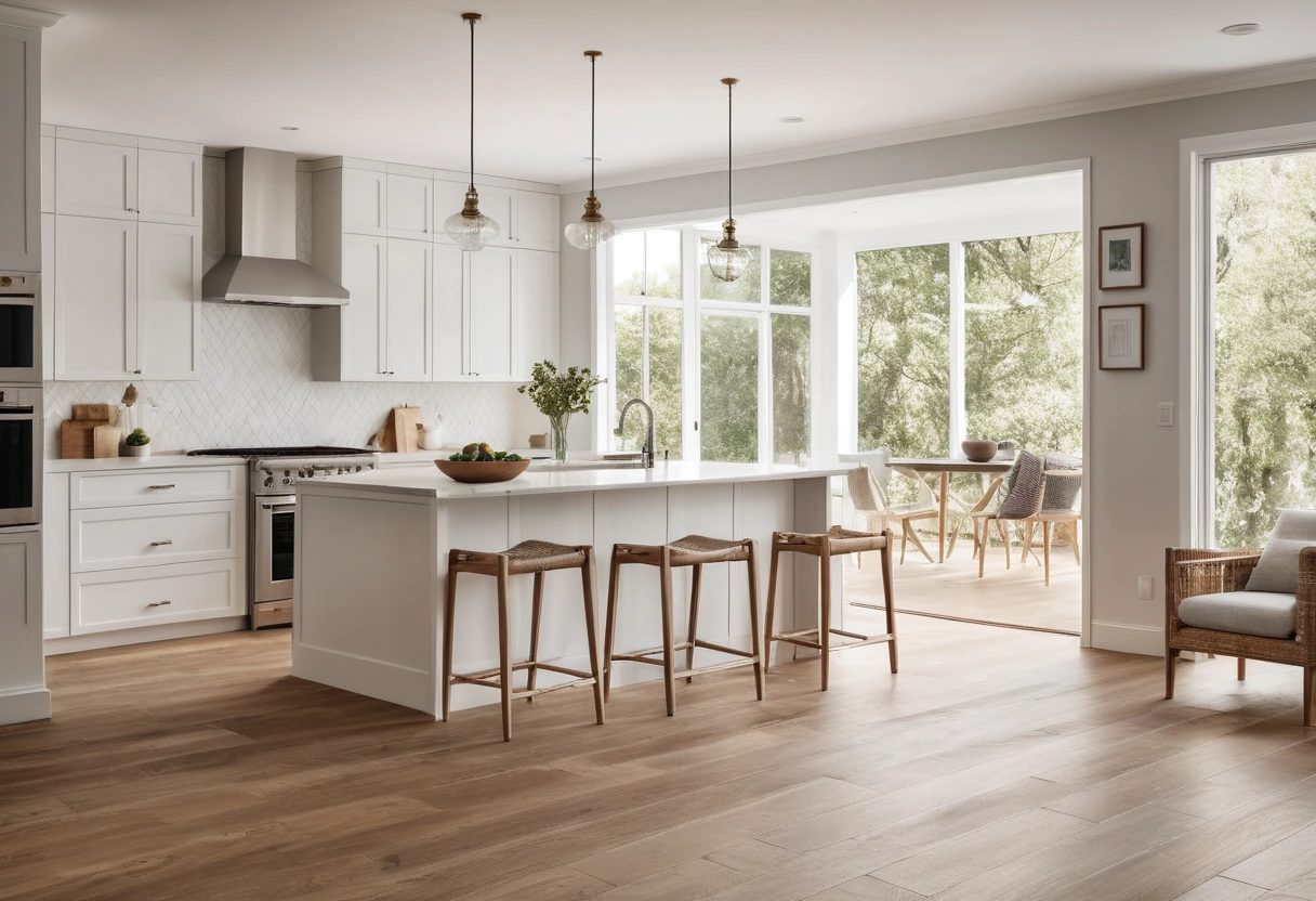 An open-plan interior shows hardwood in the living area giving way to pale plank flooring in the kitchen.