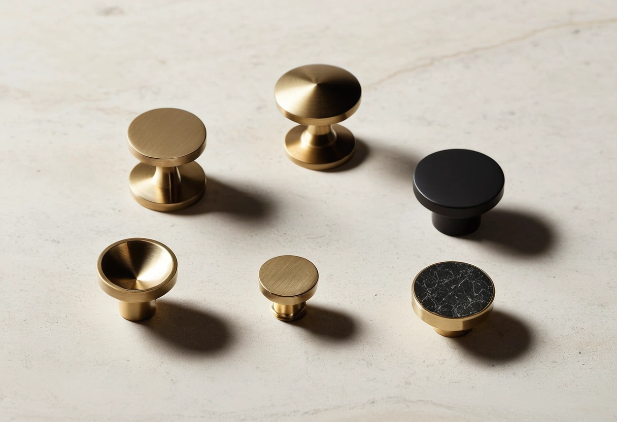 Cabinet pulls in brass, nickel, black, and bronze finishes are grouped on a stone slab.