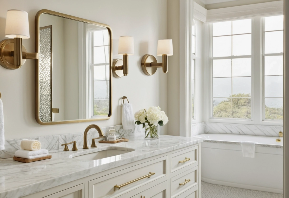 A bathroom vanity keeps nickel fixtures throughout with one brass framed mirror as the accent.