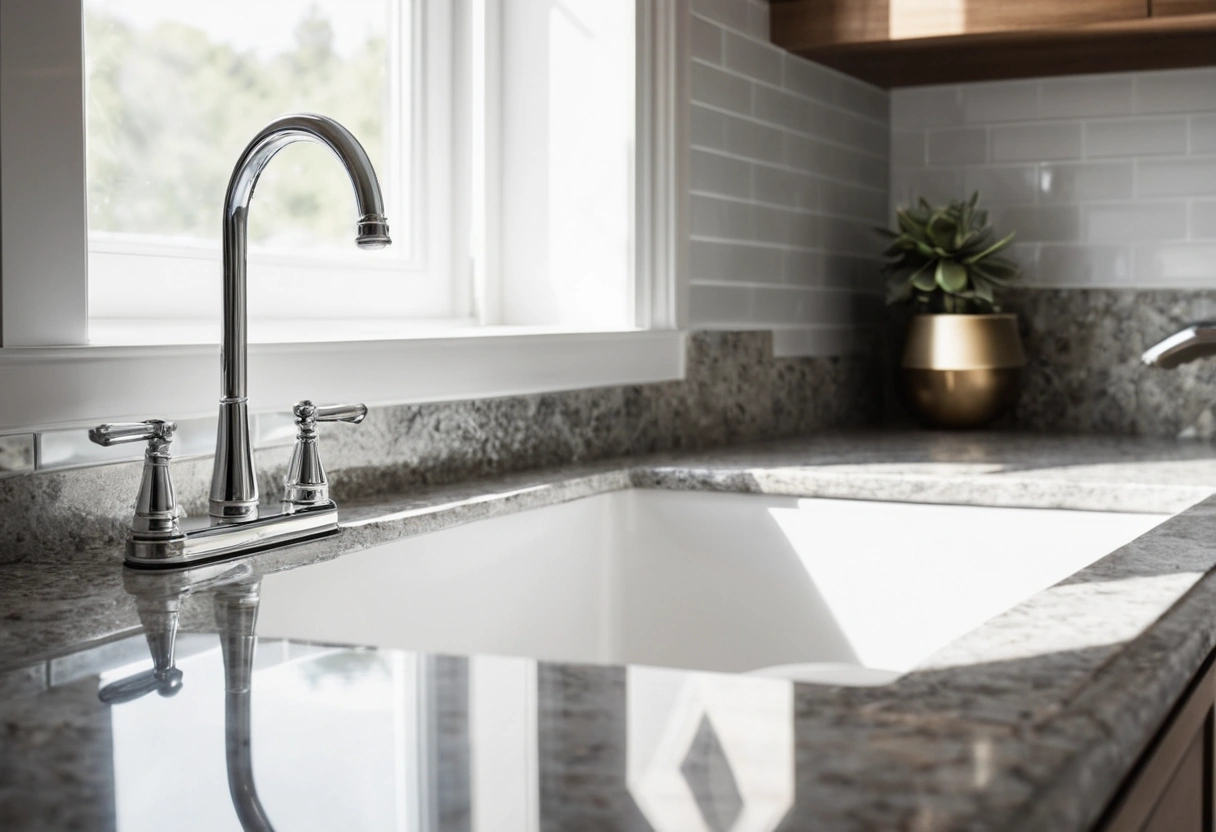A polished chrome faucet arcs over a stone sink with matching chrome pulls on the drawers below.
