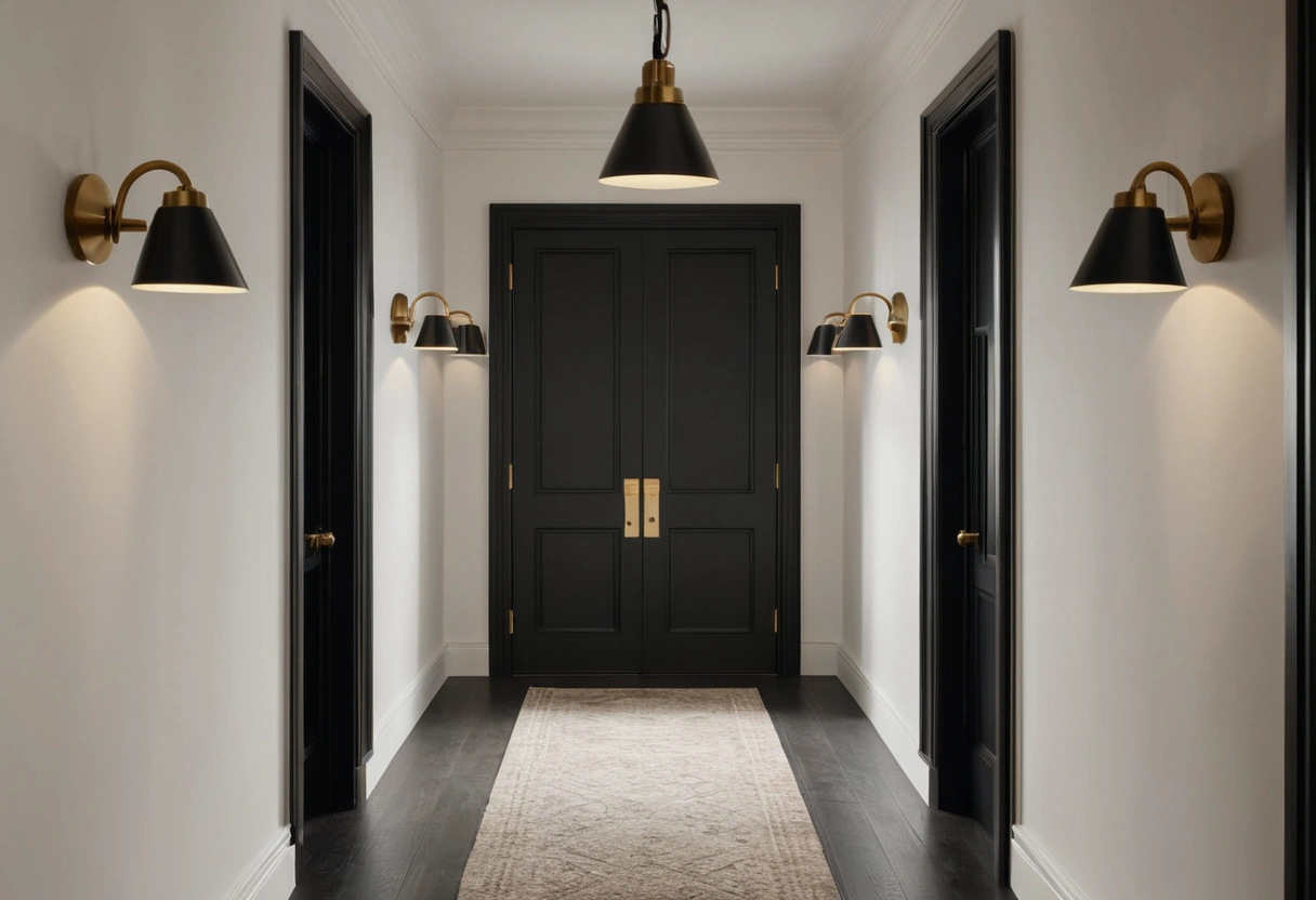 A hallway shows matching black door levers on every door with a brass pendant in the room beyond.
