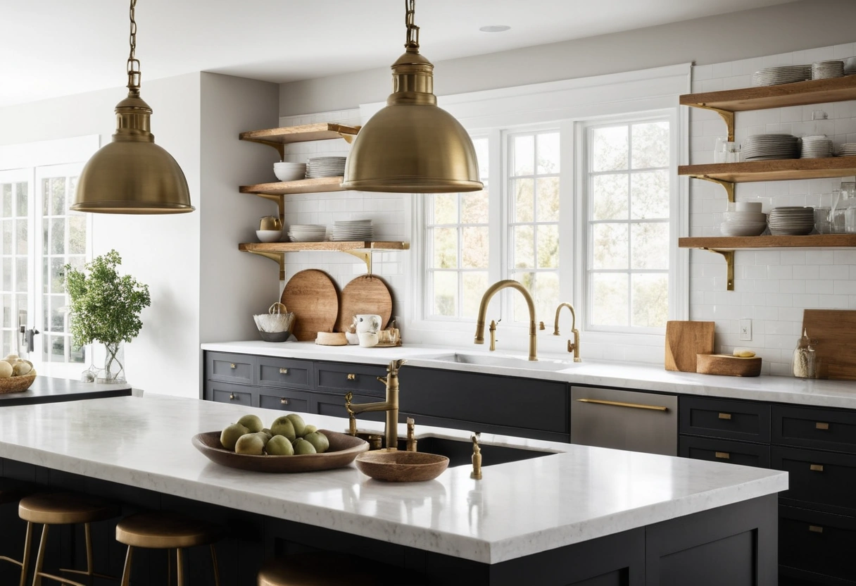 A kitchen combines brass pendant lights, a stainless faucet, and matte black cabinet pulls.