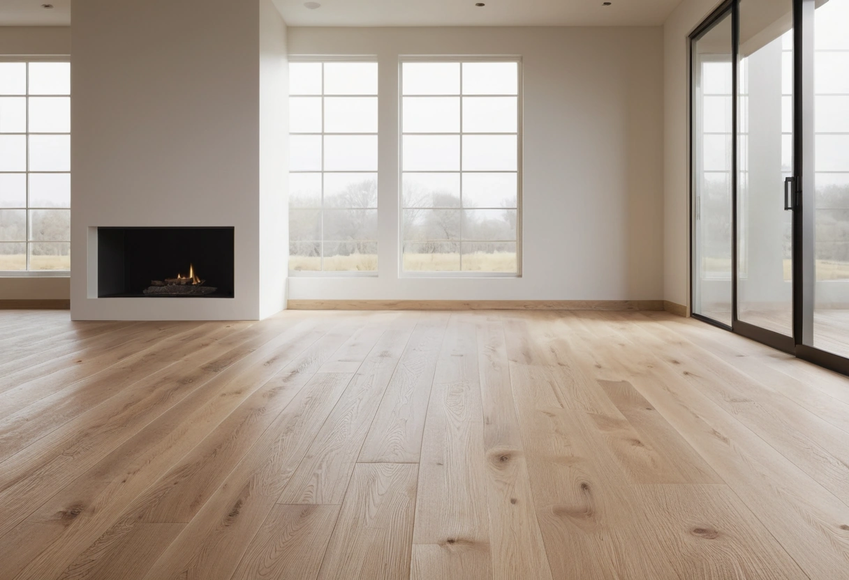 White oak flooring stretches across a sparsely furnished open living space.
