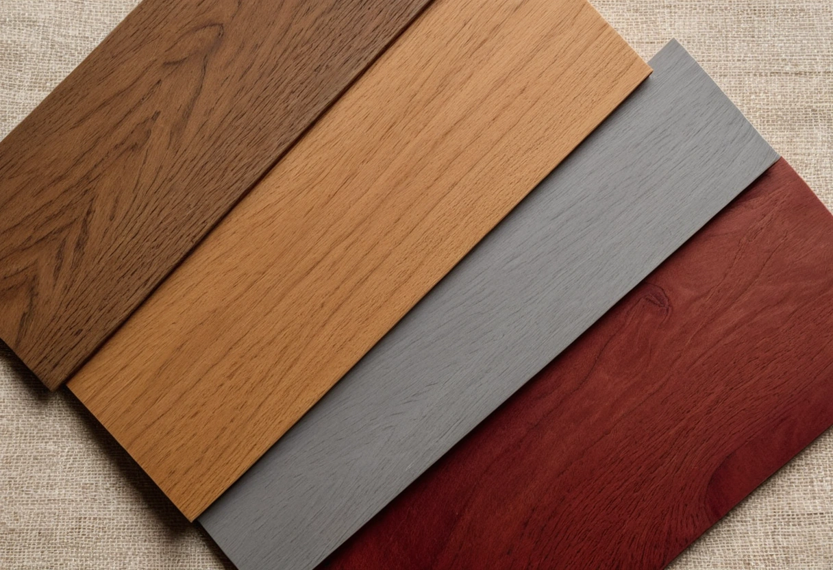 Wood sample boards in honey, reddish, and gray-brown finishes lie side by side on linen.