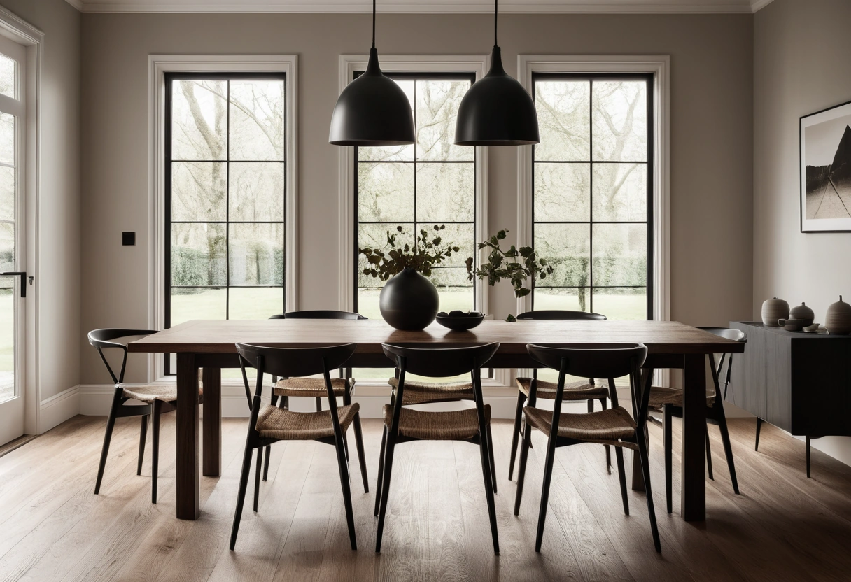 A dark walnut dining table stands on a pale oak floor with black metal chairs and a pendant light.