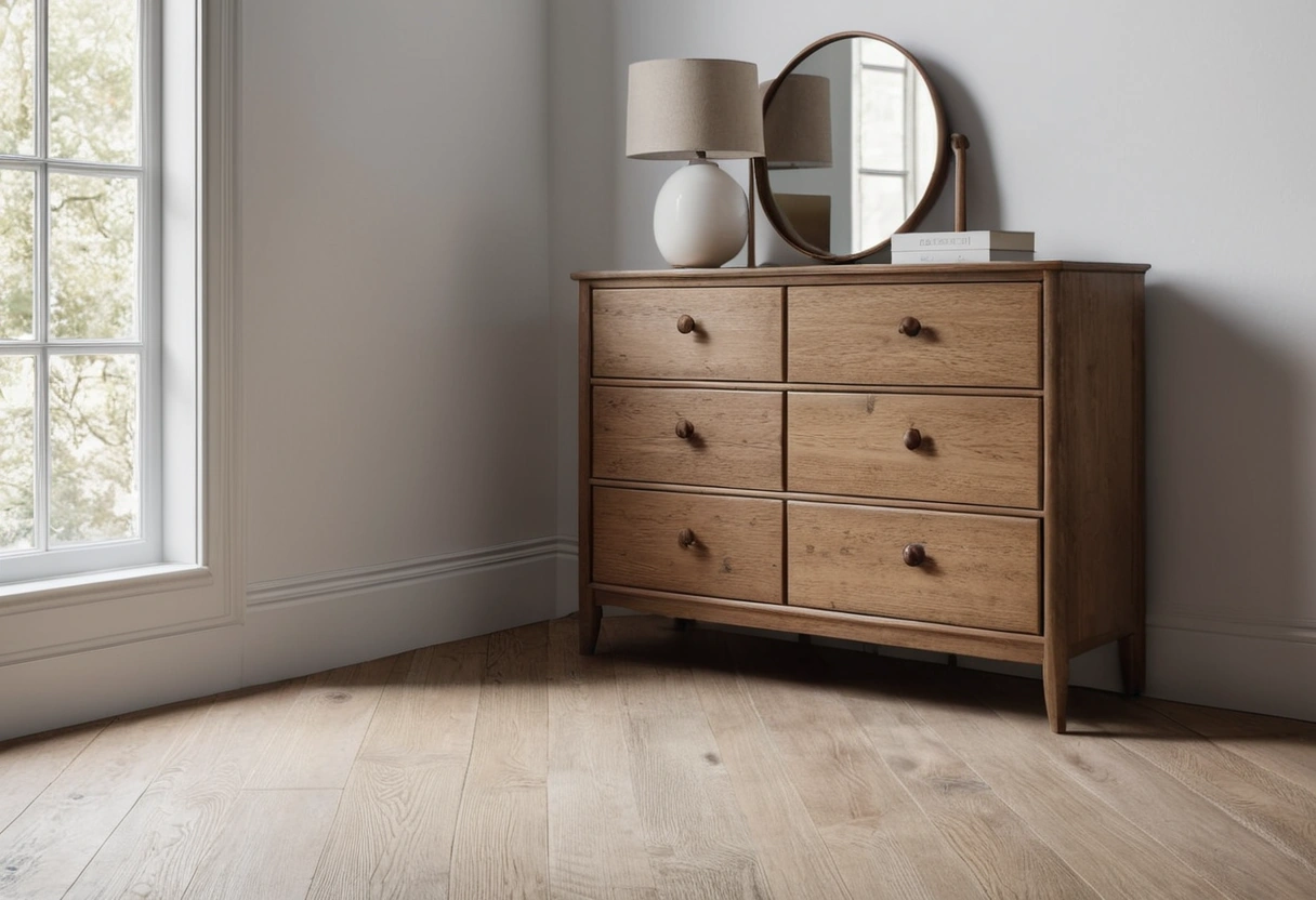 A dark espresso dresser stands out against whitewashed oak flooring in a bedroom corner.