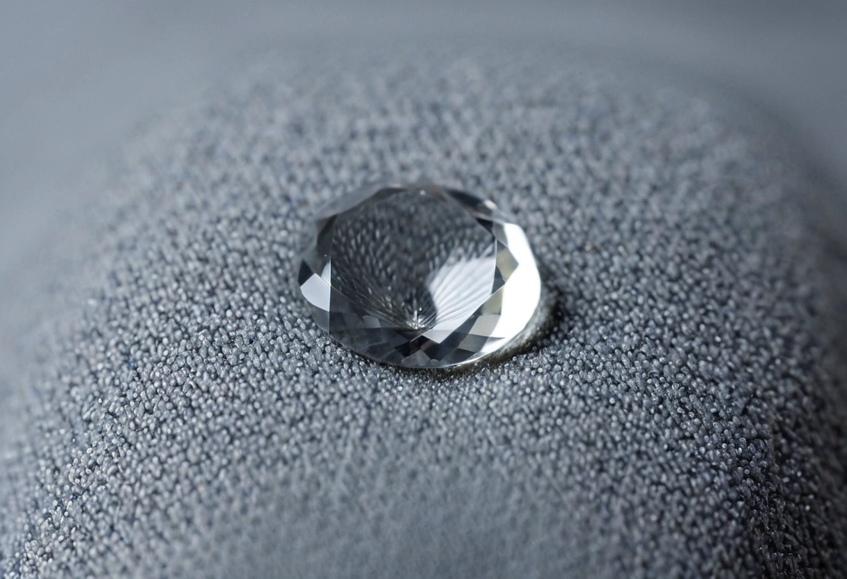 A single water droplet beads on the surface of a gray woven cushion.
