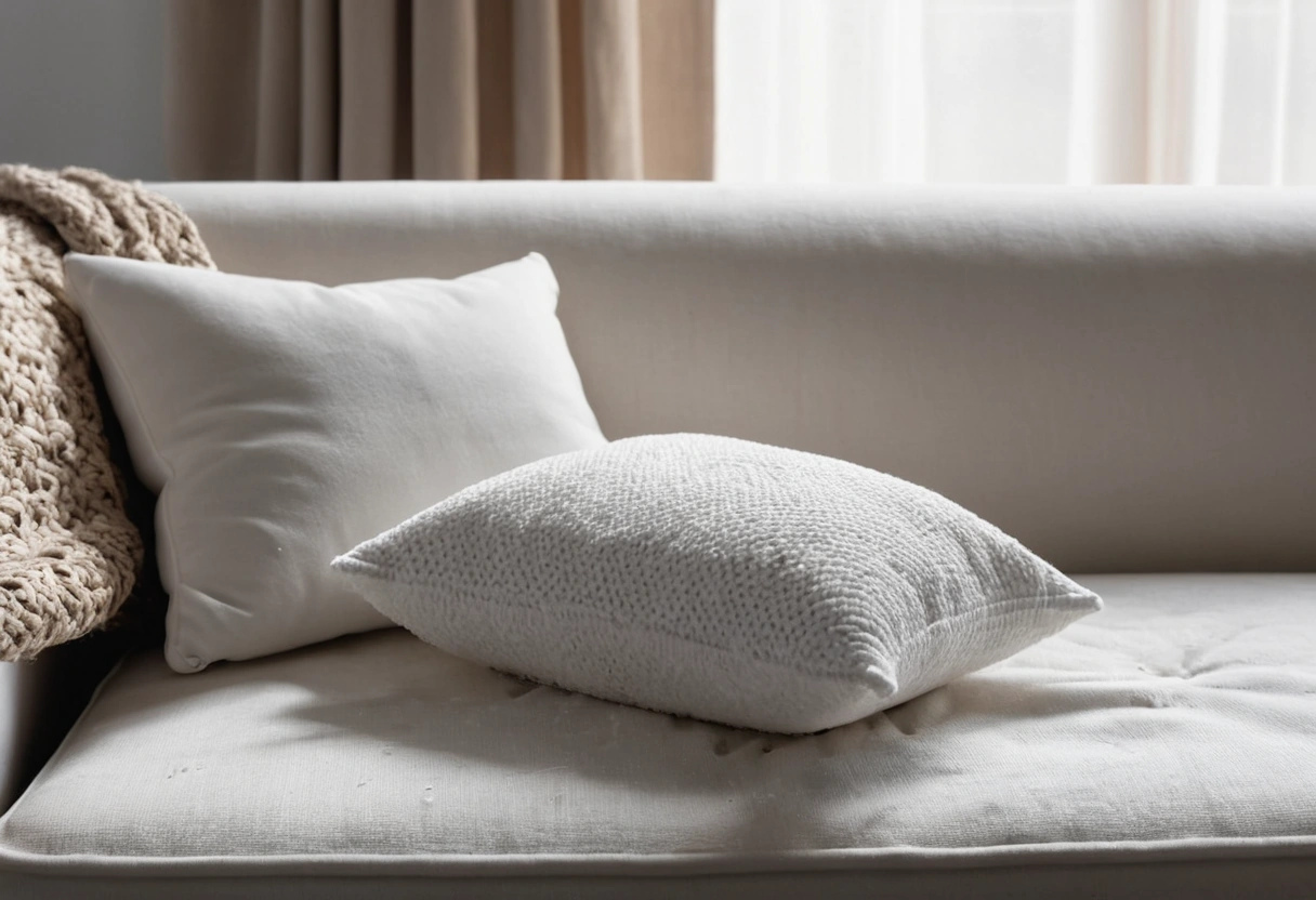 A white cloth and a bowl of soapy water sit beside a damp blotted spot on a sofa cushion.
