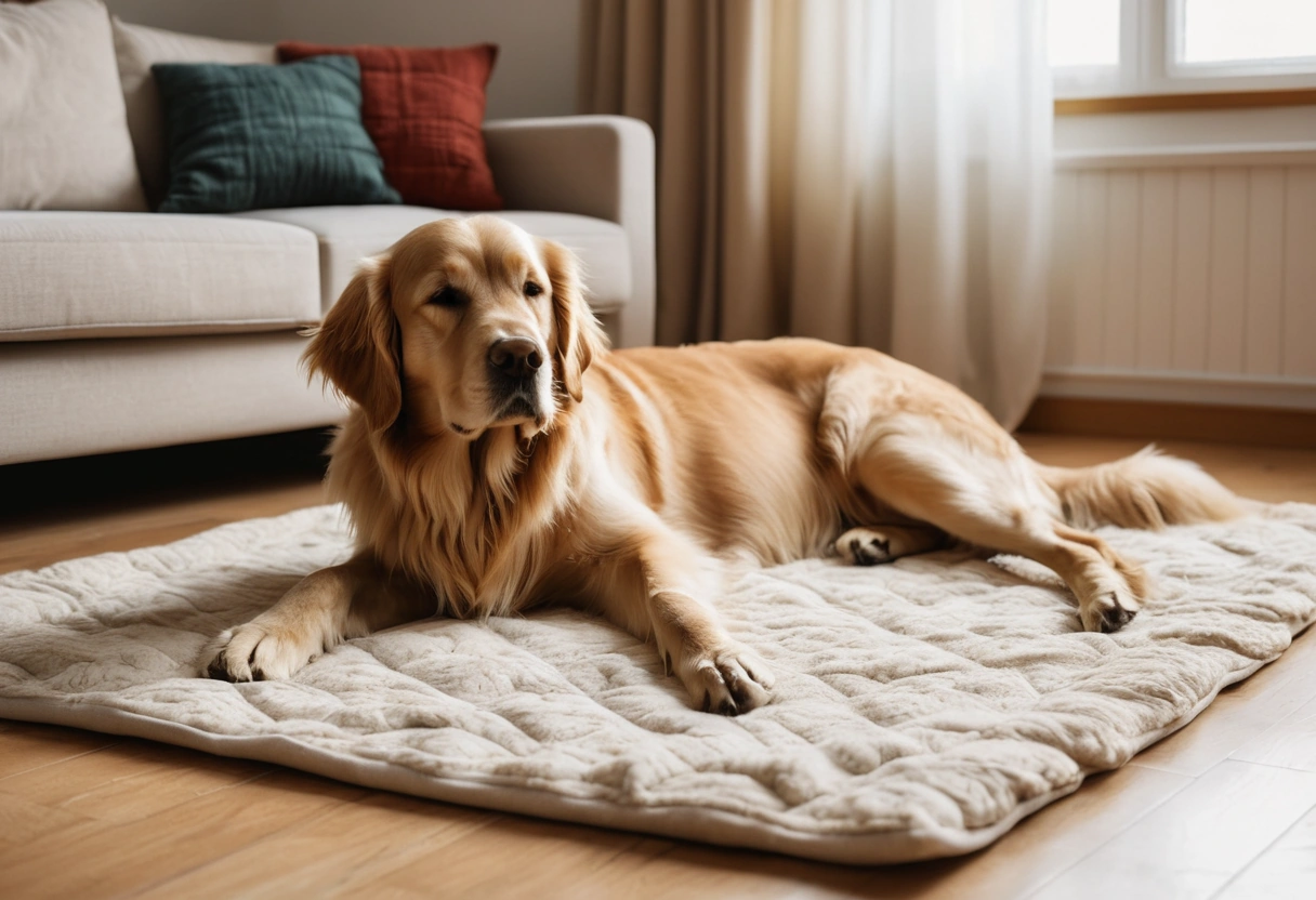 A golden retriever sleeps on a light fabric sofa in a lived-in room with a throw blanket and toys nearby.