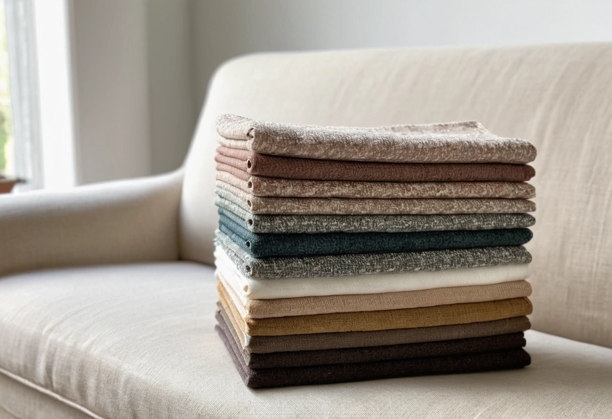 A fanned stack of neutral upholstery swatches in varied weaves rests on a linen sofa arm.