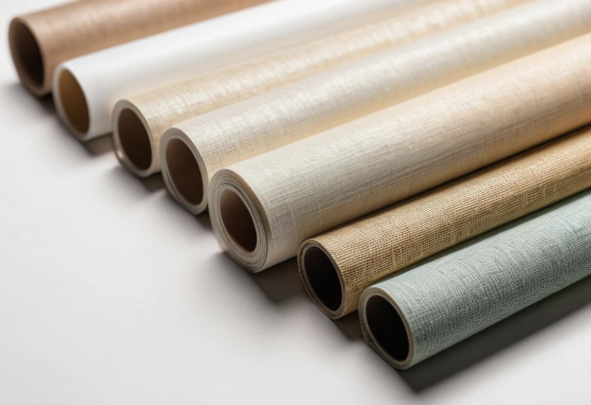 Unrolled wallpaper samples in vinyl, paper, grasscloth, and fabric-backed textures overlap on a table.