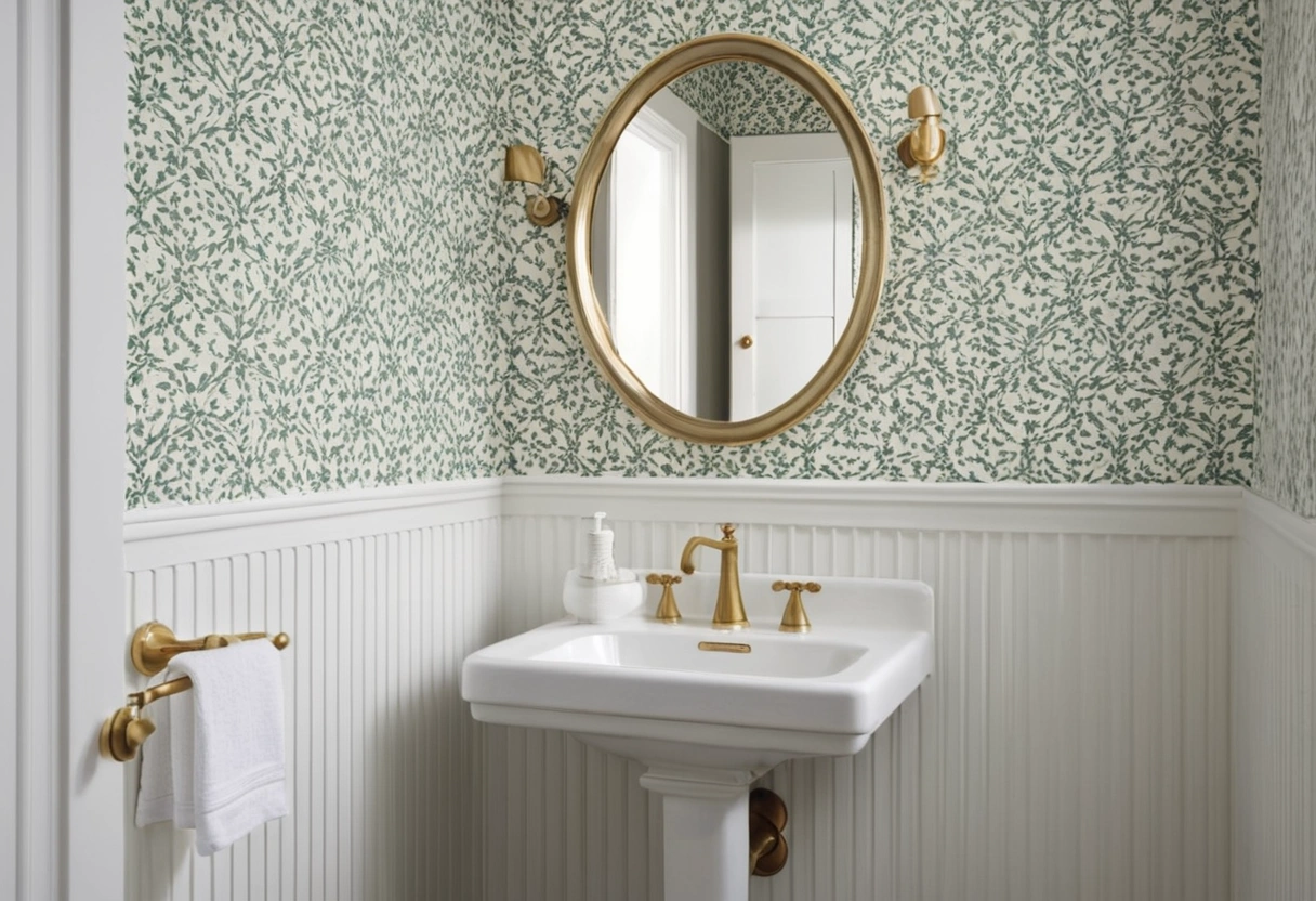 A powder room pairs patterned wallpaper above white tile wainscoting with a compact sink.