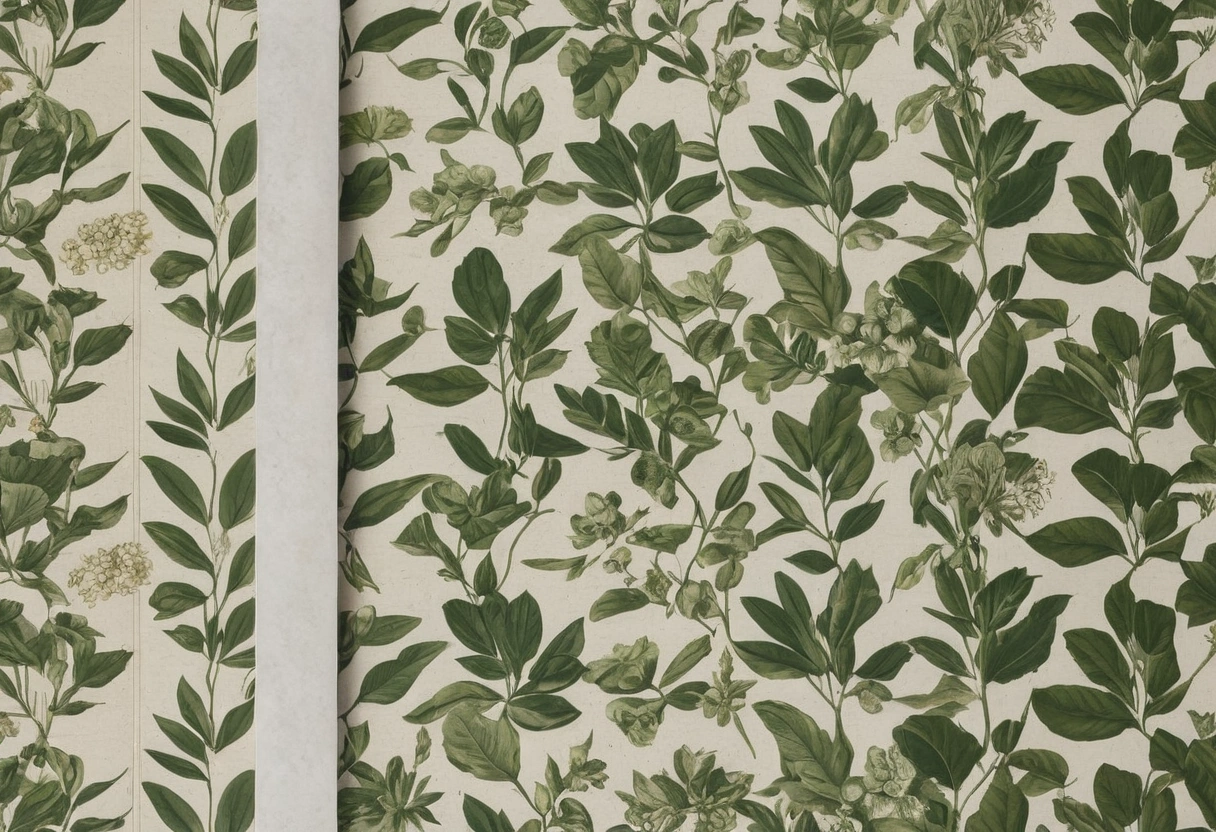 Two wallpaper strips lie side by side with their botanical pattern aligned across the join.