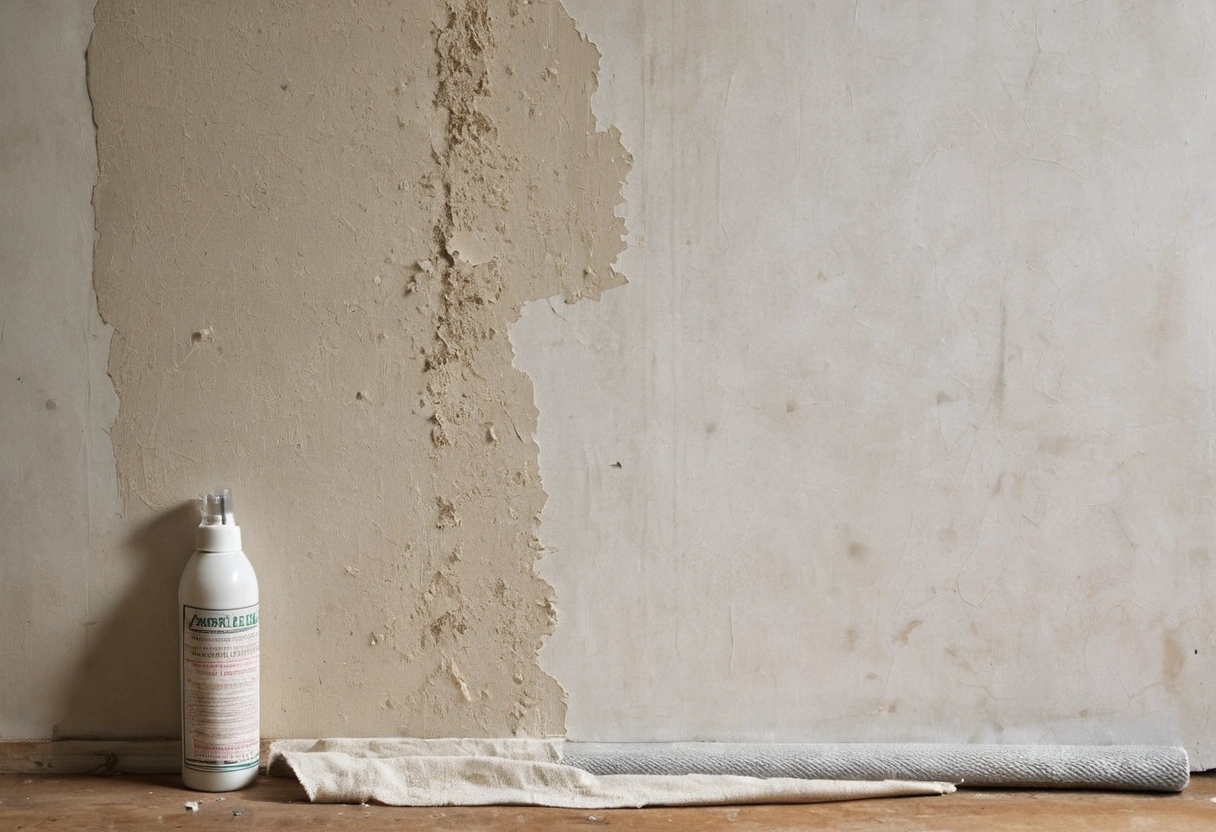 A strip of old wallpaper hangs half peeled from a wall above a scraper and spray bottle on a drop cloth.